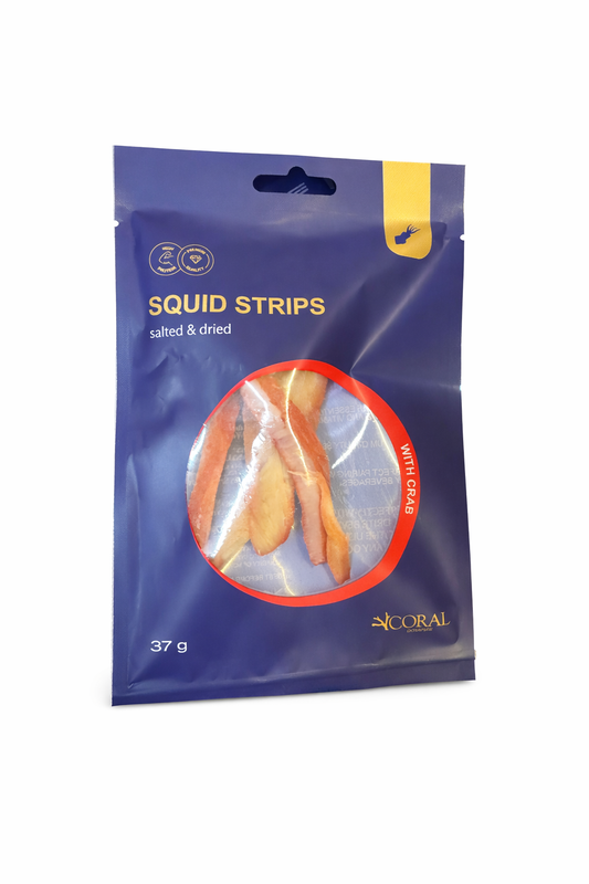 Coral Squid Strips with Crab Flavour 37g salted dried seafood snack pack front view
