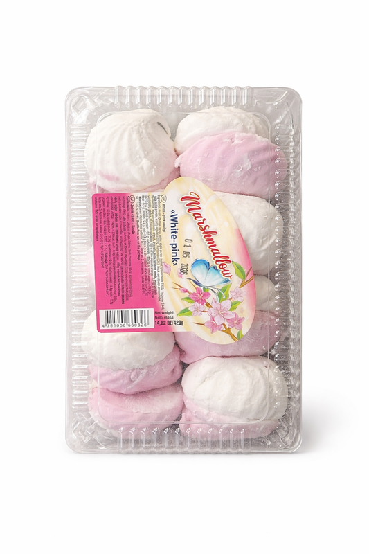 White and pink marshmallow zephyr sweets 420g pack – soft vanilla Eastern European marshmallow foam sweets front packaging view