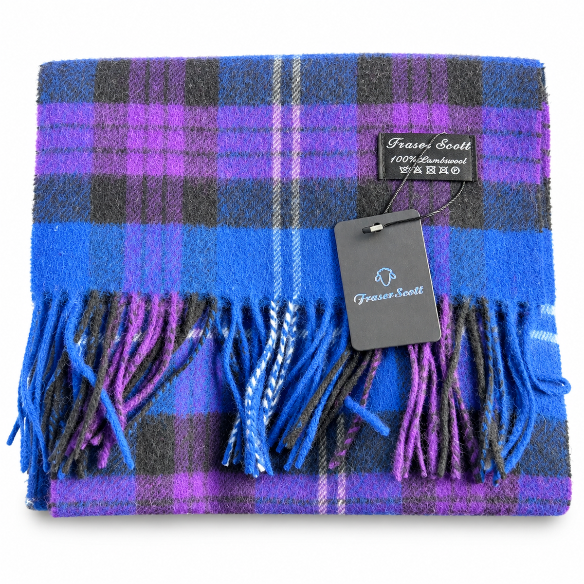 Folded Fraser Scott blue and purple tartan lambswool scarf showing the check pattern, fringes and attached tags