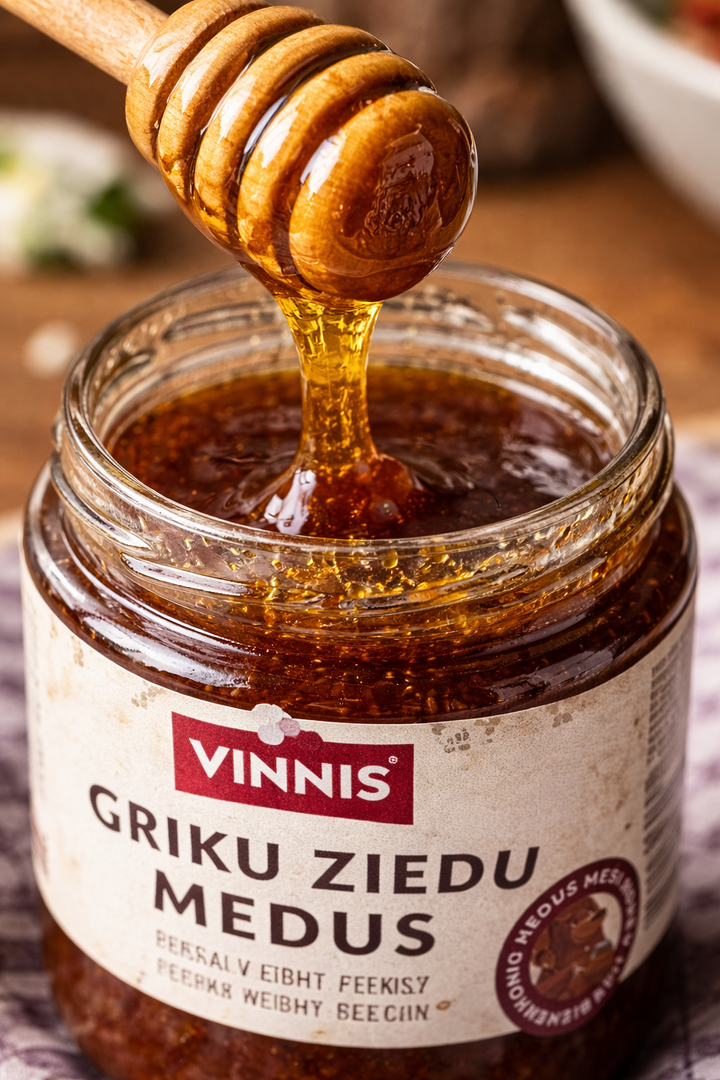 Close up of Vinnis Buckwheat Honey 300g – rich dark buckwheat honey dripping from wooden dipper