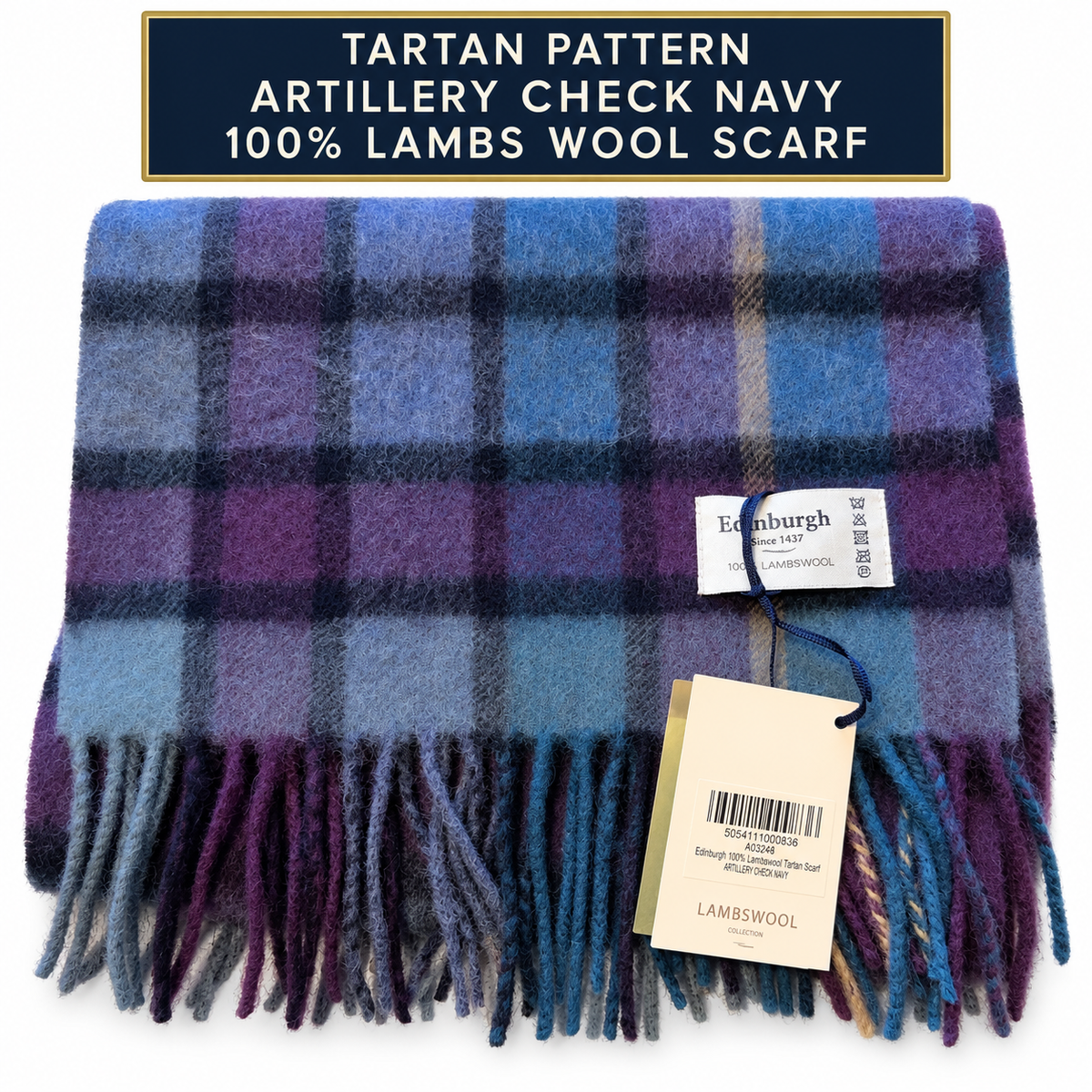     Edinburgh Artillery Check Navy tartan 100% lambswool scarf with product banner and tags