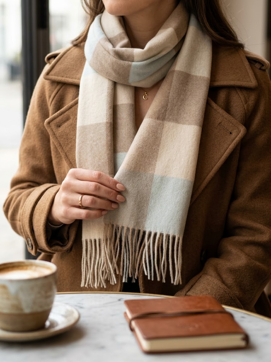 Woman wearing a Seaside Check lambswool scarf in soft blue, beige and cream with a brown coat