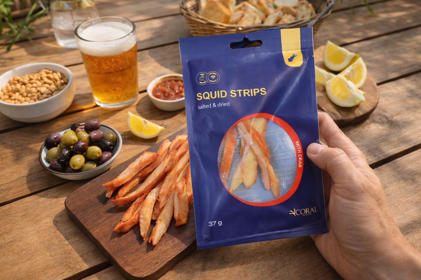 Coral Squid Strips with Crab Flavour 37g seafood snack served with beer and lemon