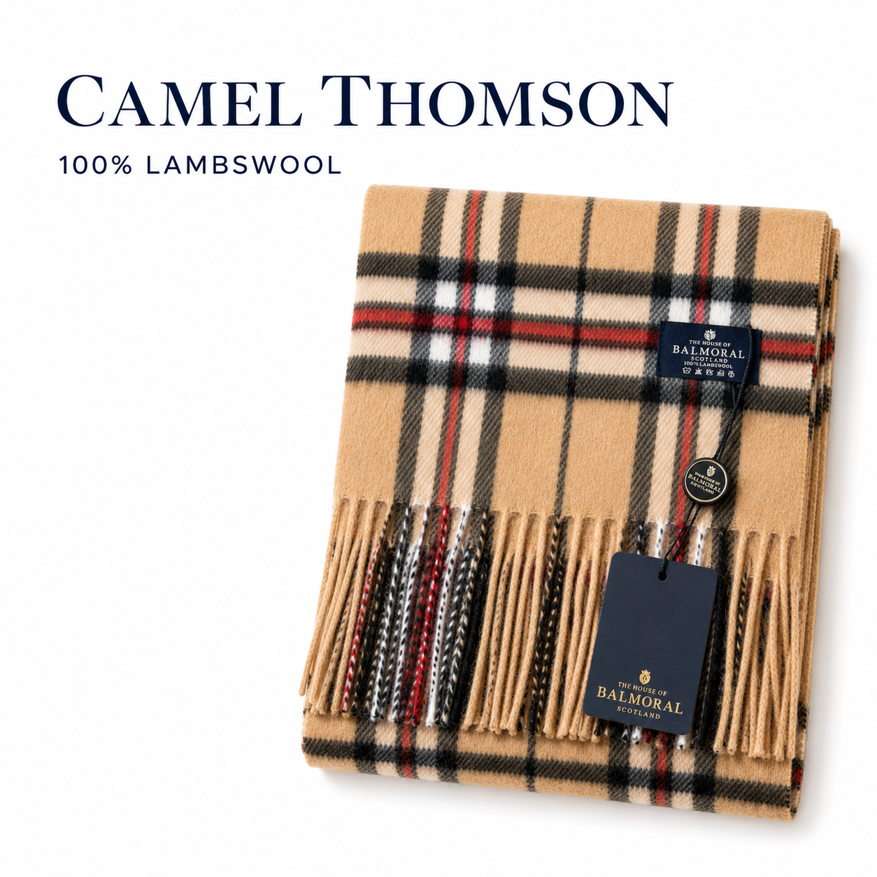     Folded Camel Thomson 100% lambswool tartan scarf by The House of Balmoral with branded tags and fringed ends