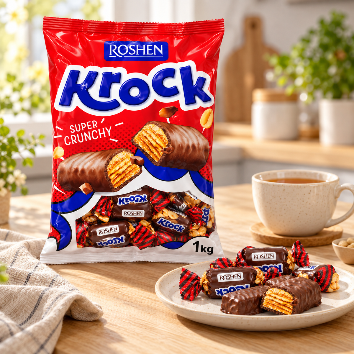 Roshen Krock 1kg bag on a wooden table beside wrapped sweets, cut-open chocolate-coated sweets and a cup of tea.