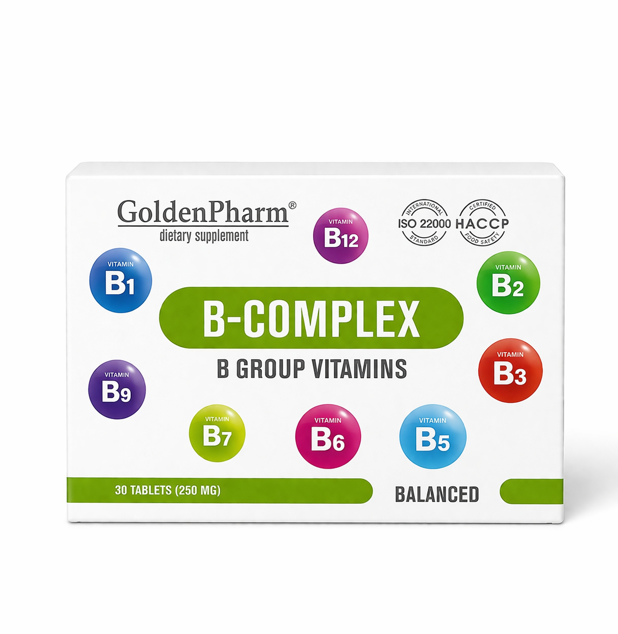 GoldenPharm B-Complex Vitamin Tablets 30 pack natural supplement package