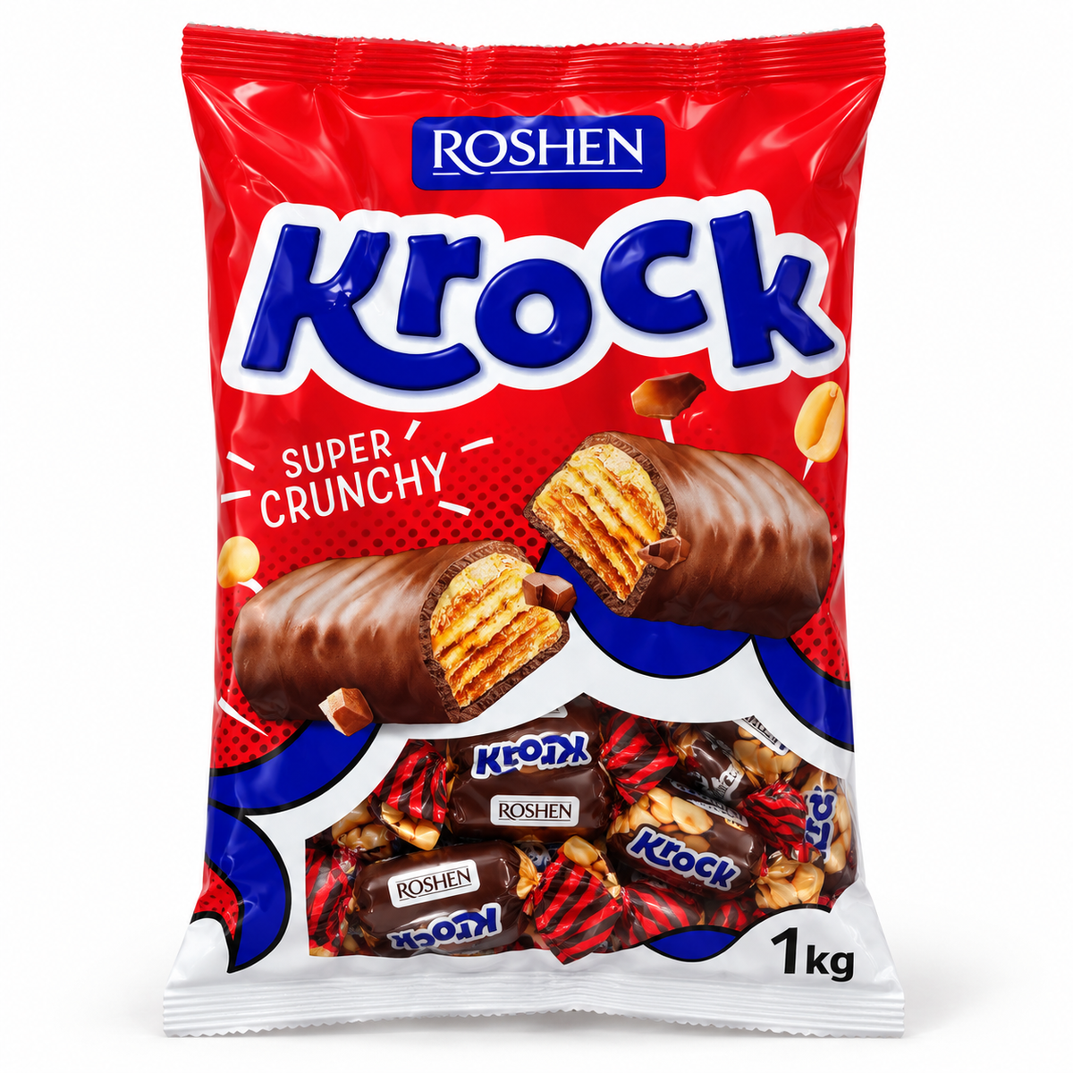 Roshen Krock Super Crunchy sweets in a red 1kg bag on a white background.