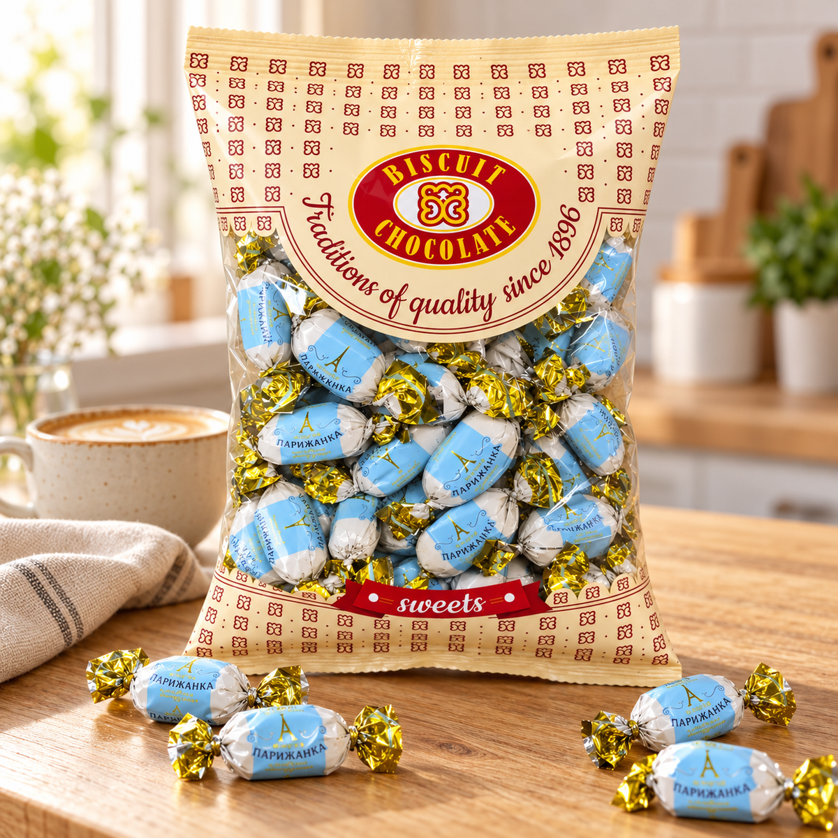 Biscuit-Chocolate Paryzhanka sweets bag on a wooden kitchen table with individually wrapped sweets and a cup of coffee.