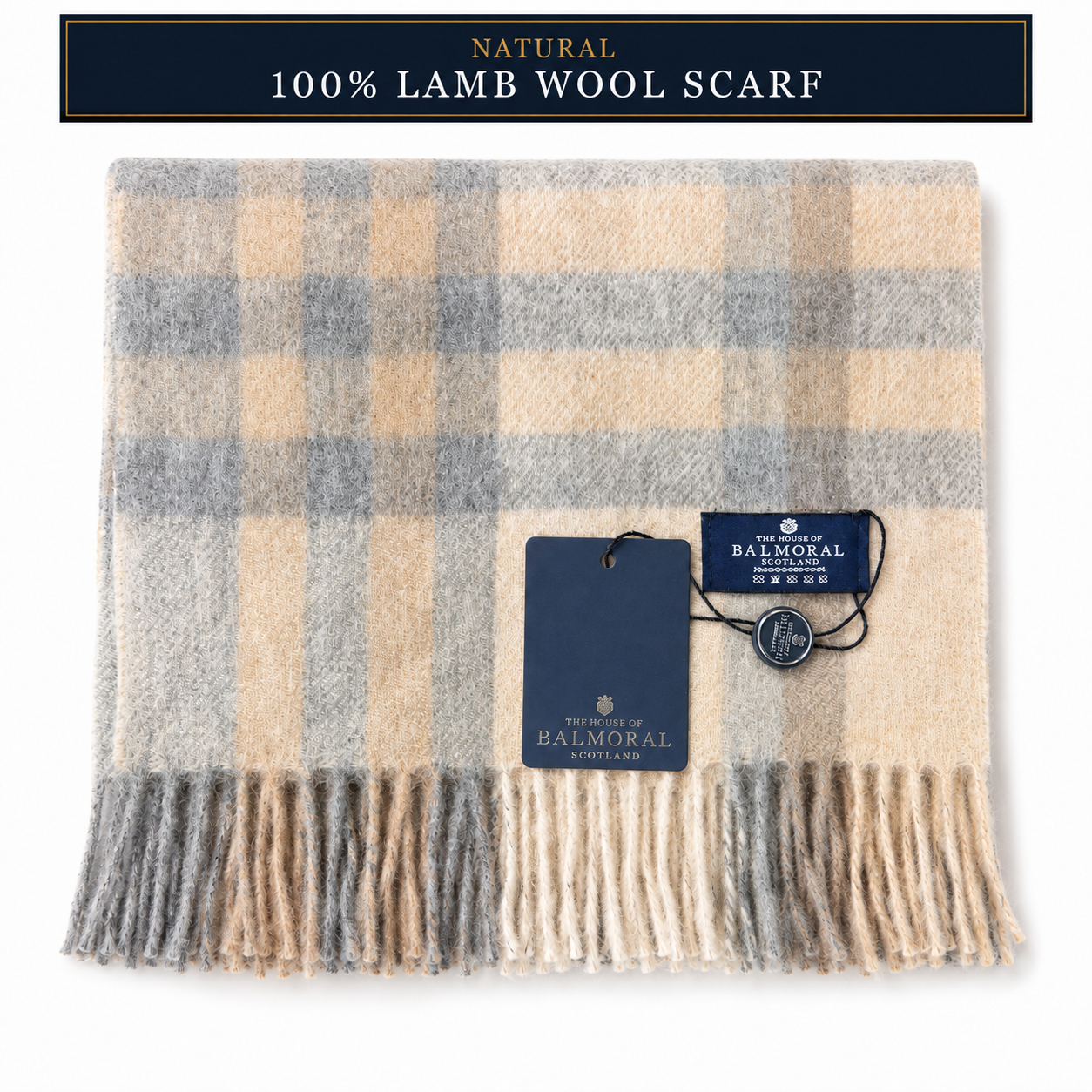The House of Balmoral natural check 100% lambswool scarf in cream, beige and grey with branded tags and fringe