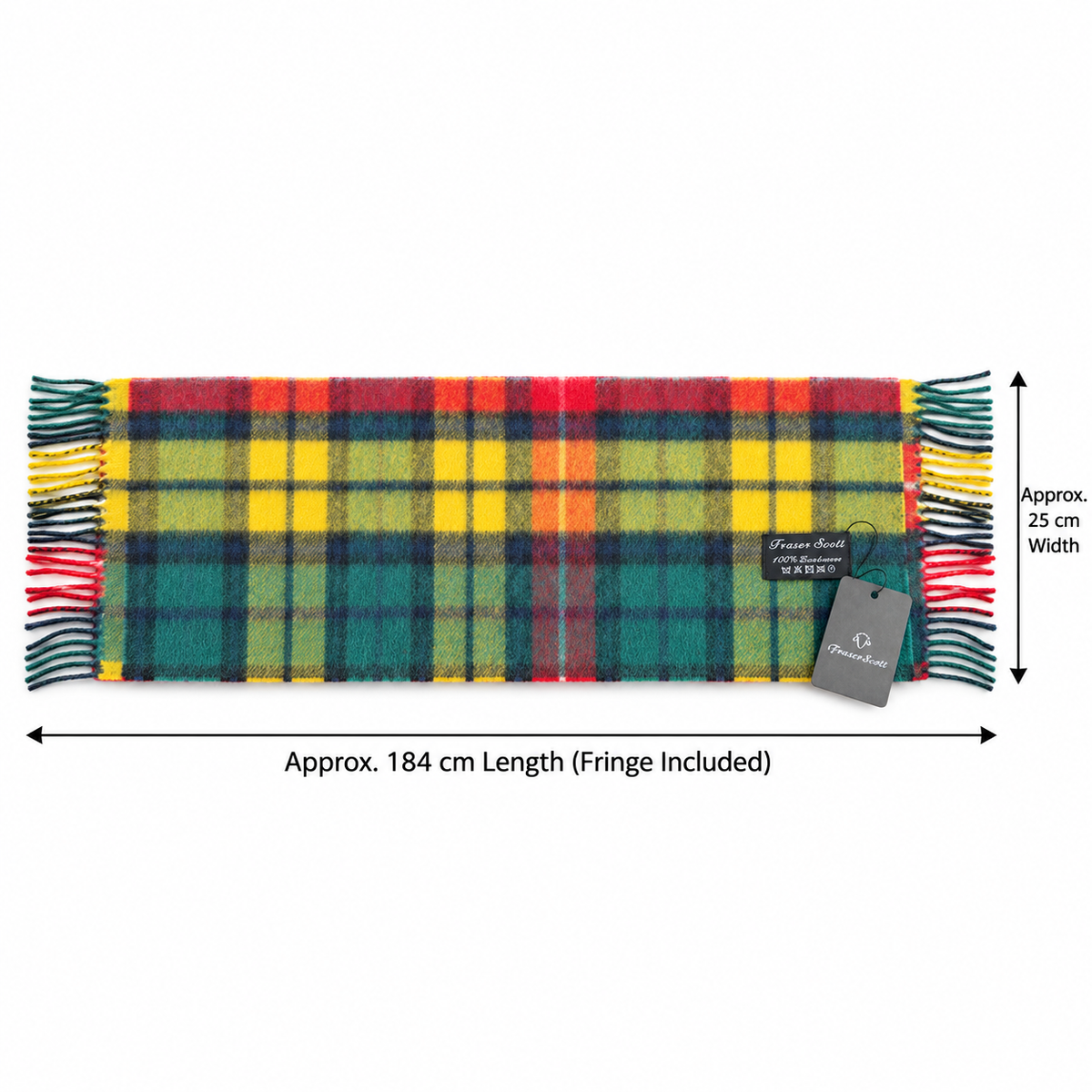Scottish National tartan lambswool scarf dimensions showing approximately 184 cm length and 25 cm width