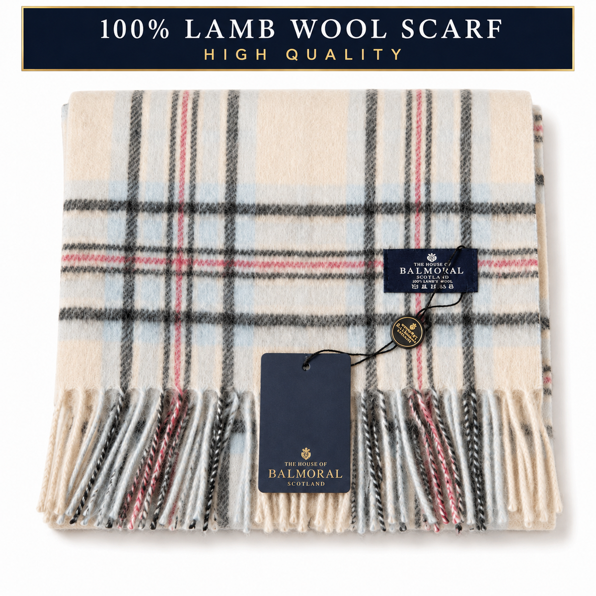 The House of Balmoral 100% lambswool check scarf in cream, pale blue, grey and pink with fringed ends