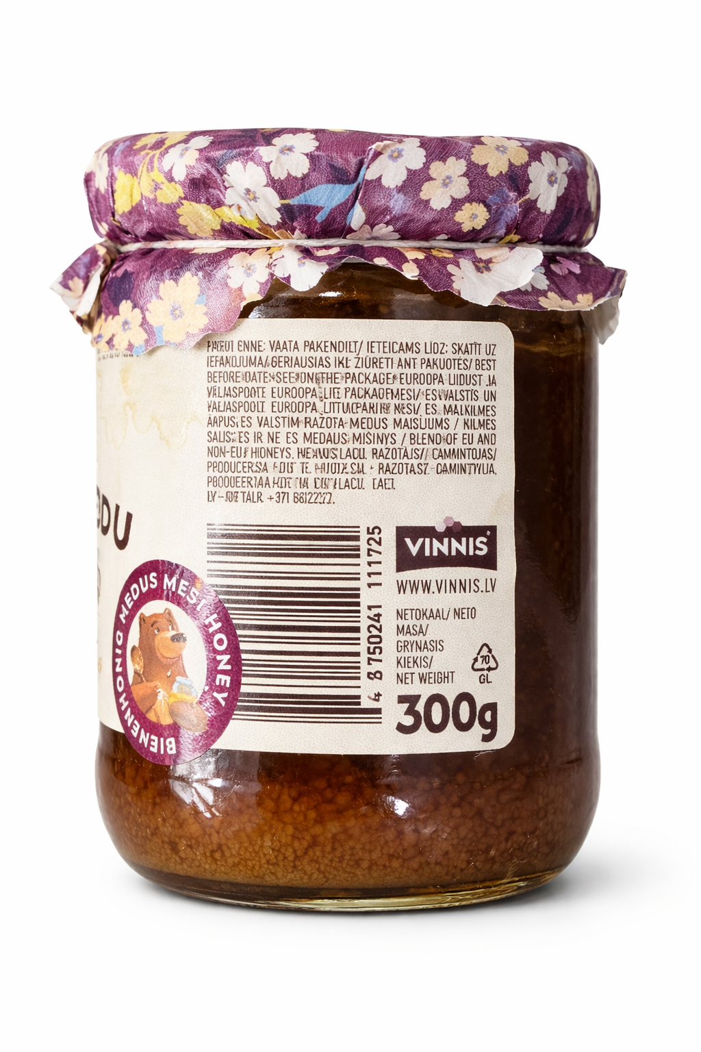 Vinnis Buckwheat Honey 300g back label – ingredients and nutrition information dark Latvian honey