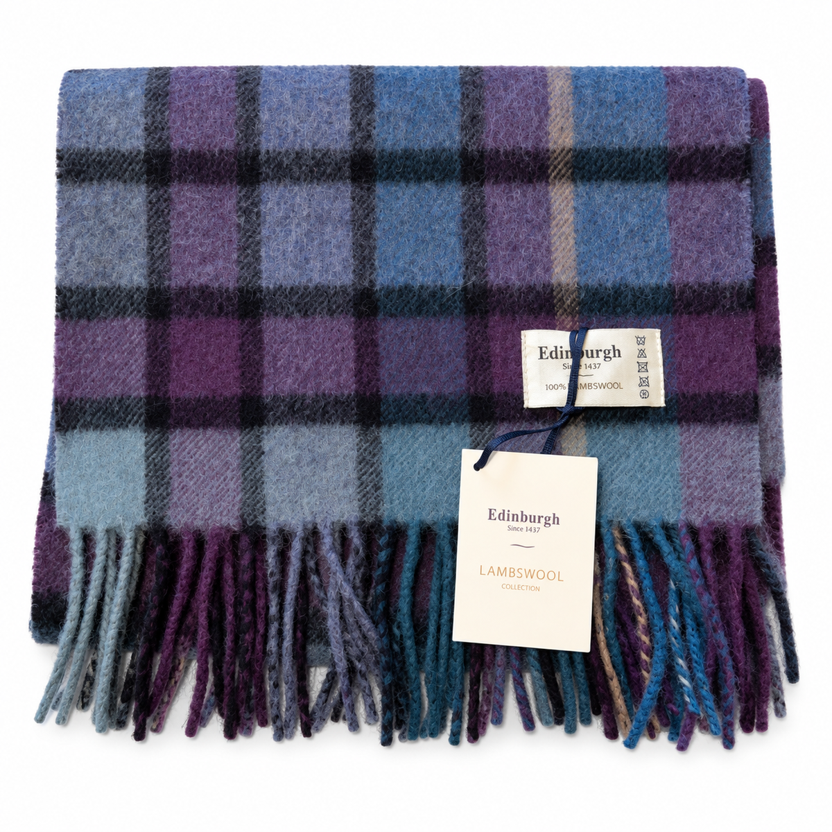    Folded Edinburgh Artillery Check Navy lambswool scarf in blue, purple and black tartan with tags
