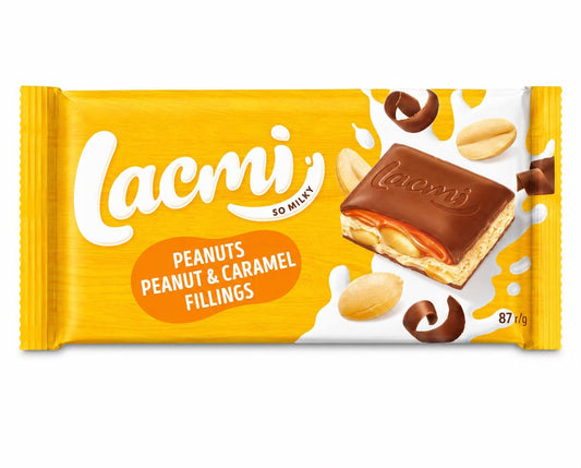 Roshen Lacmi milk chocolate bar with peanuts and caramel fillings, 87g, showing packaging and chocolate pieces