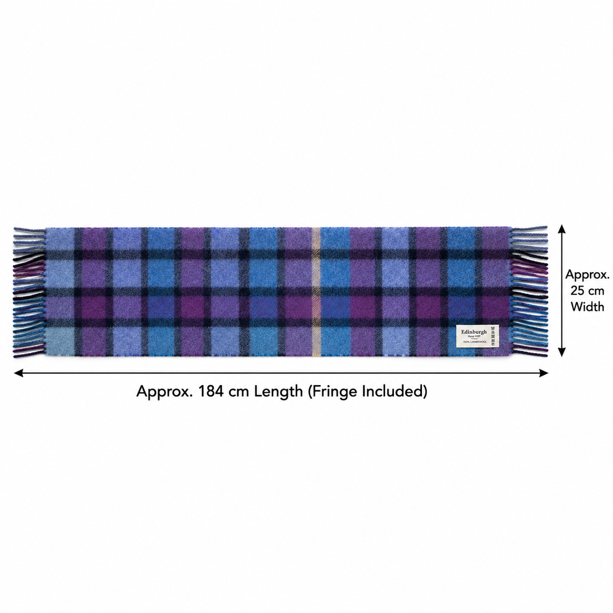     Edinburgh Artillery Check Navy scarf dimensions showing approximately 184 cm long and 25 cm wide