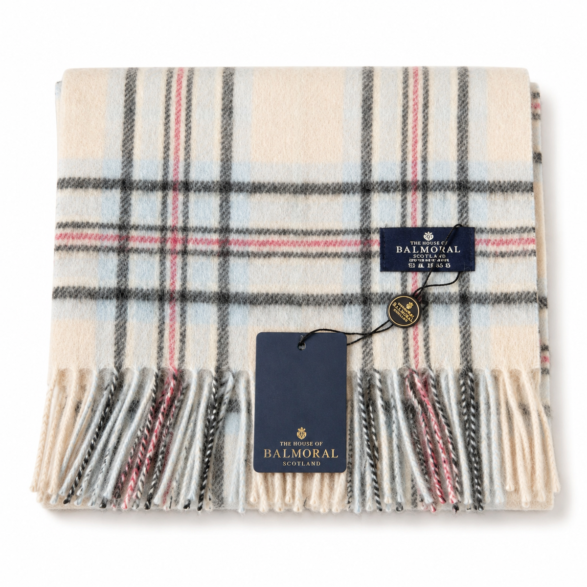 Folded House of Balmoral 100% lambswool scarf with cream, pale-blue, grey and pink check pattern
