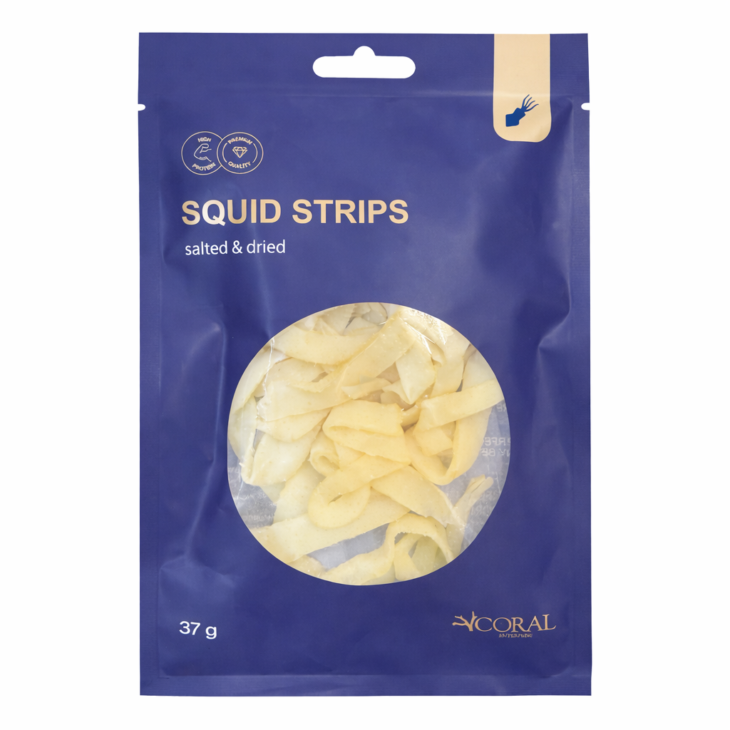 coral squid strips dried squid 37g high protein snack package front