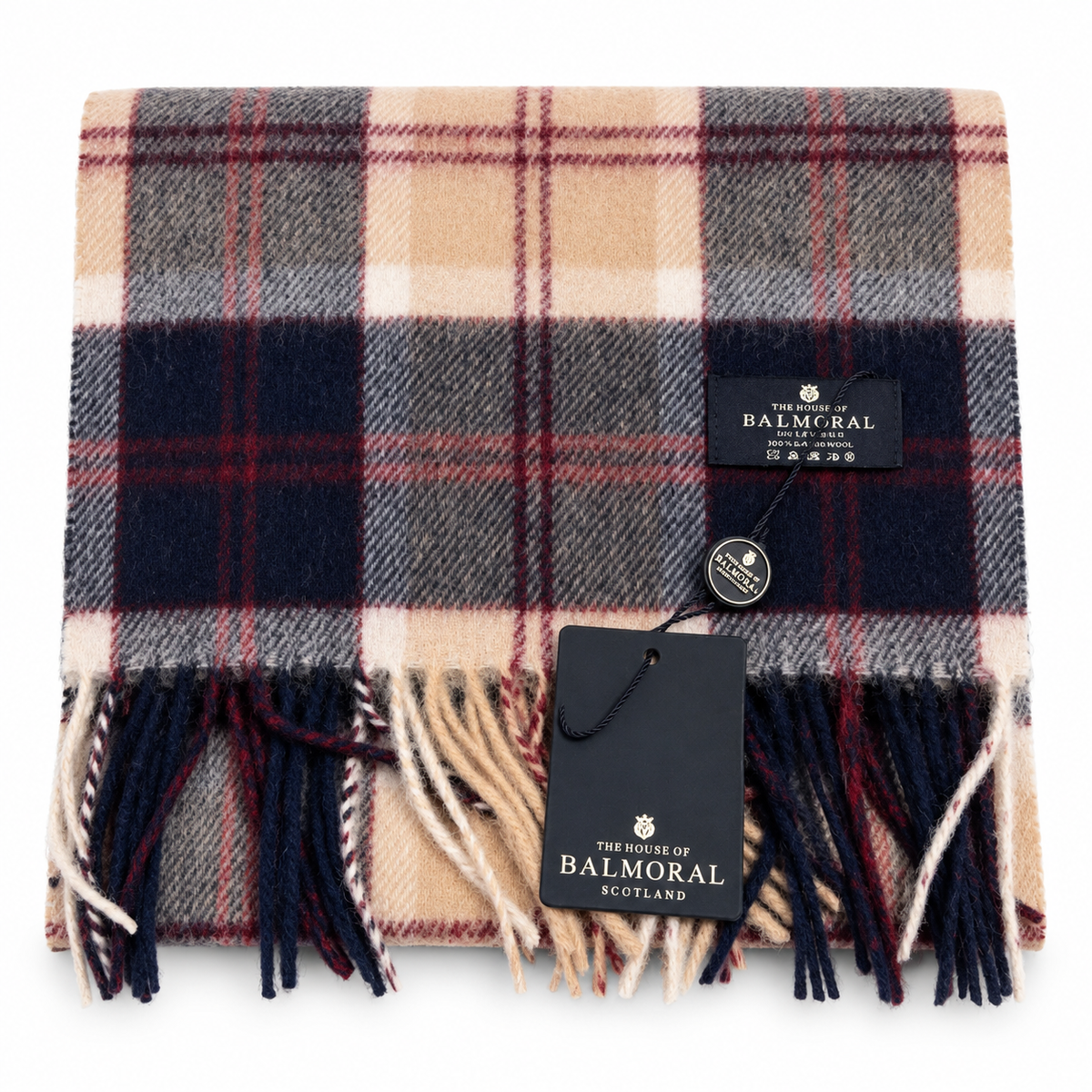     The House of Balmoral Navy Bannockbane 100% lambswool tartan scarf with product banner and tags