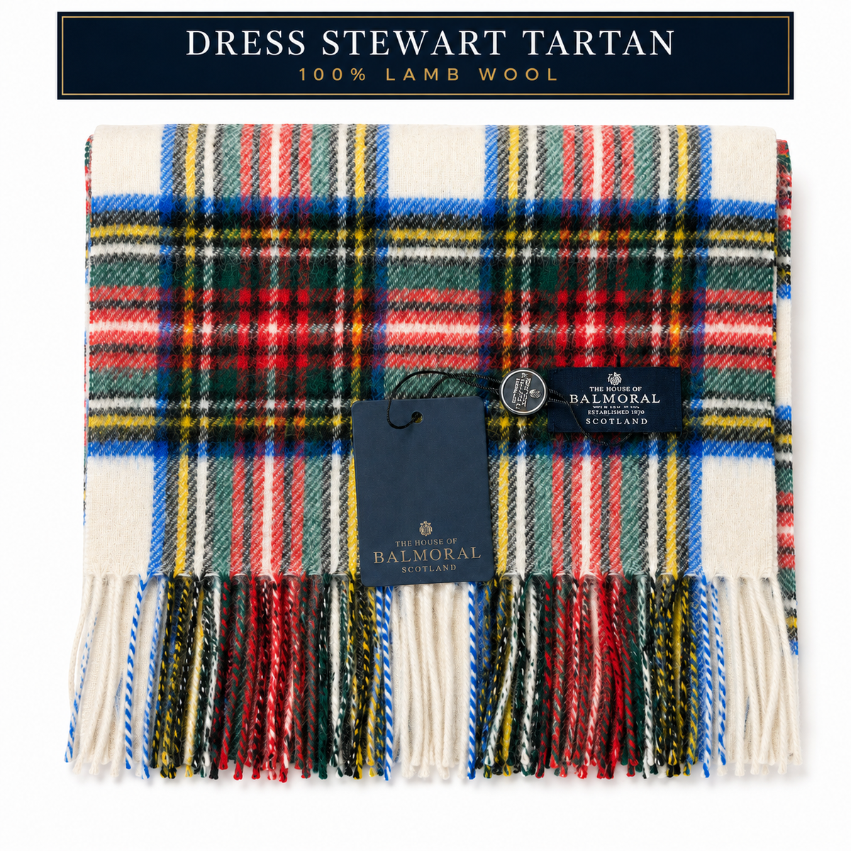 The House of Balmoral Dress Stewart tartan 100% lambswool scarf with cream background and multicoloured fringe