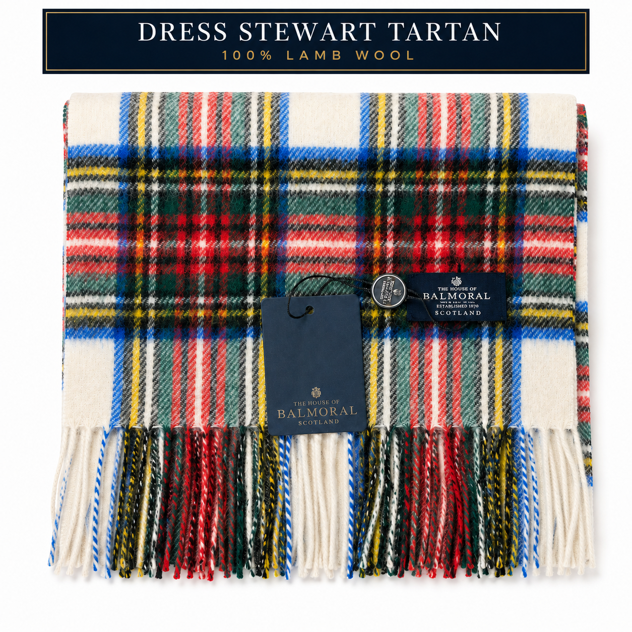 The House of Balmoral Dress Stewart tartan 100% lambswool scarf with cream background and multicoloured fringe