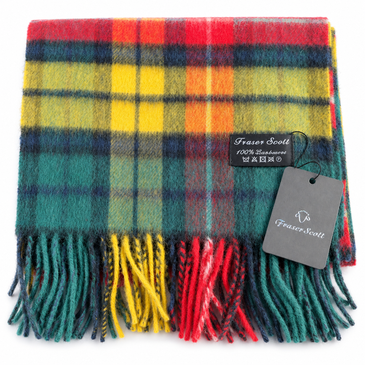 Folded Fraser Scott Scottish National lambswool scarf showing tartan pattern, fringes and attached tags