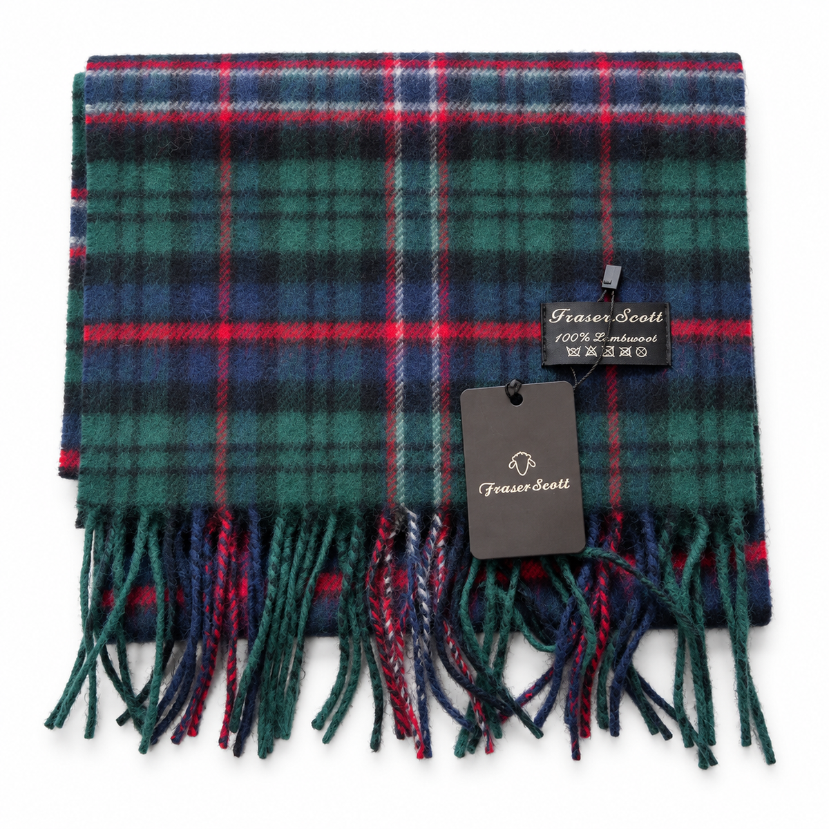     Folded Fraser Scott Scottish National lambswool scarf in green, navy and red tartan with tags