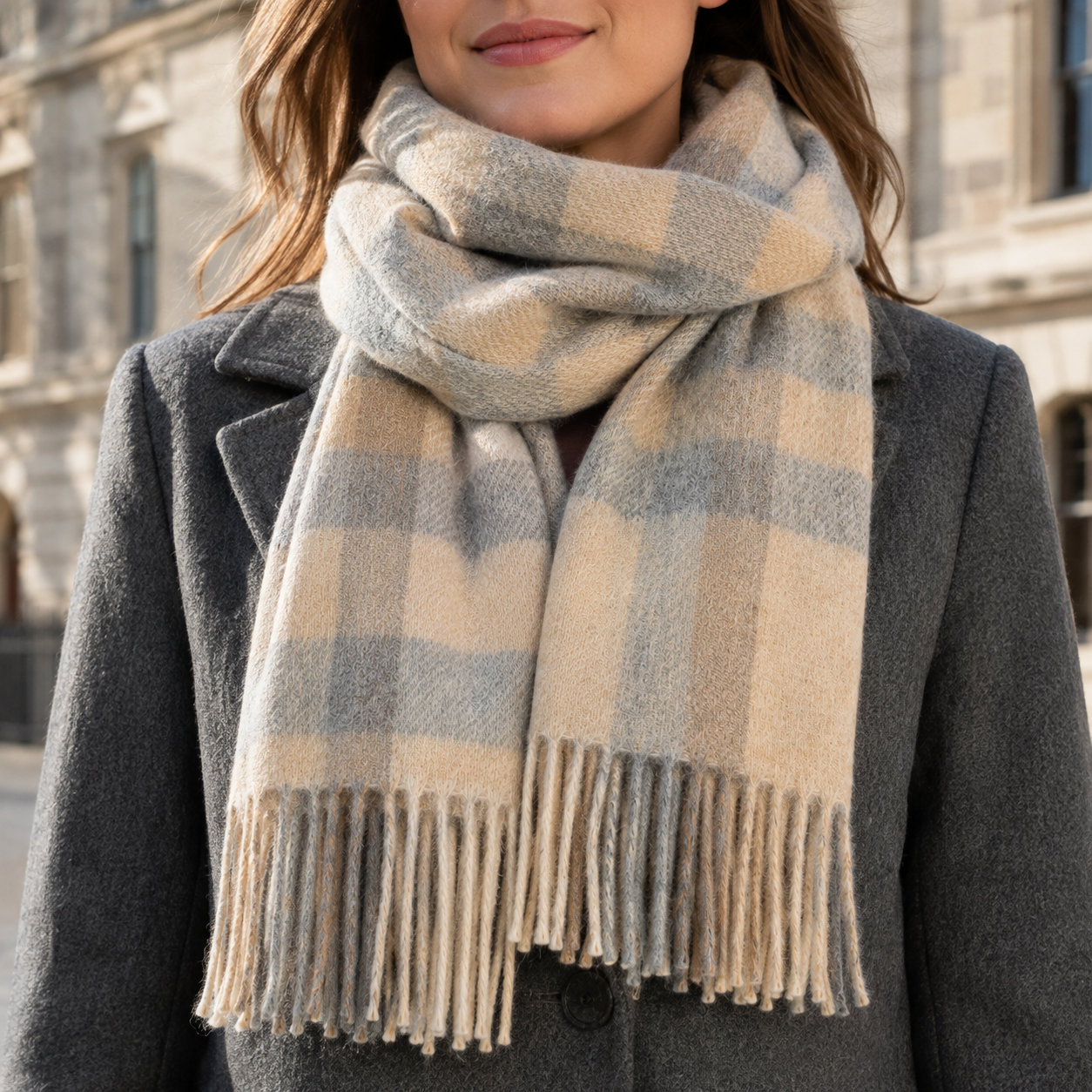 Natural check lambswool scarf measuring approximately 184cm long and 25cm wide, including the fringe