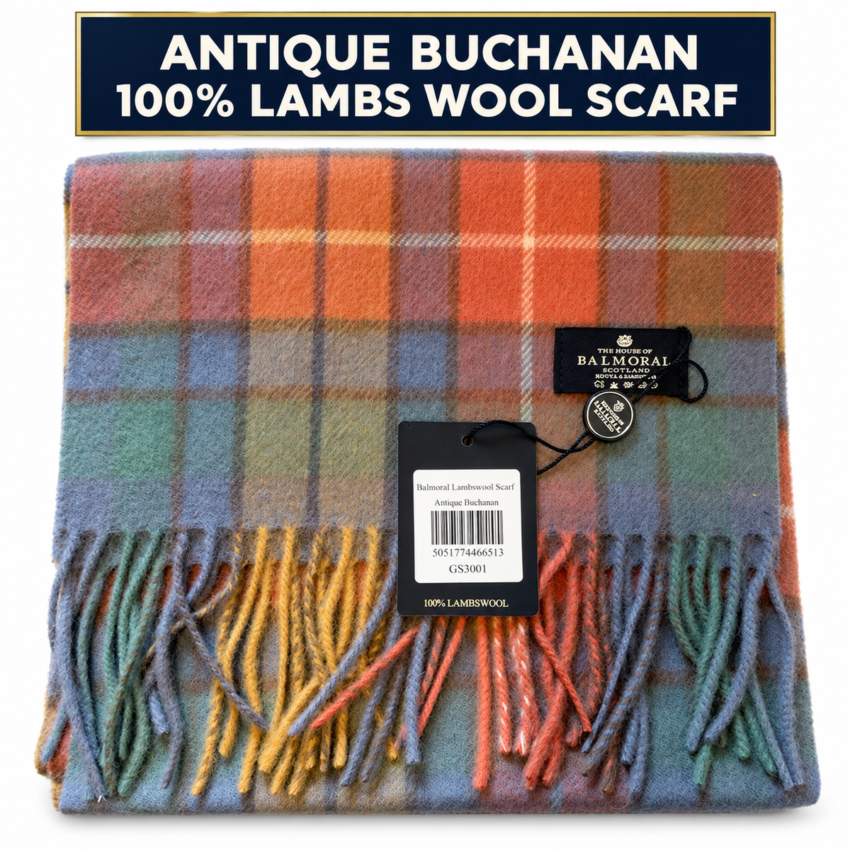     The House of Balmoral Antique Buchanan 100% lambswool tartan scarf with product banner and tags