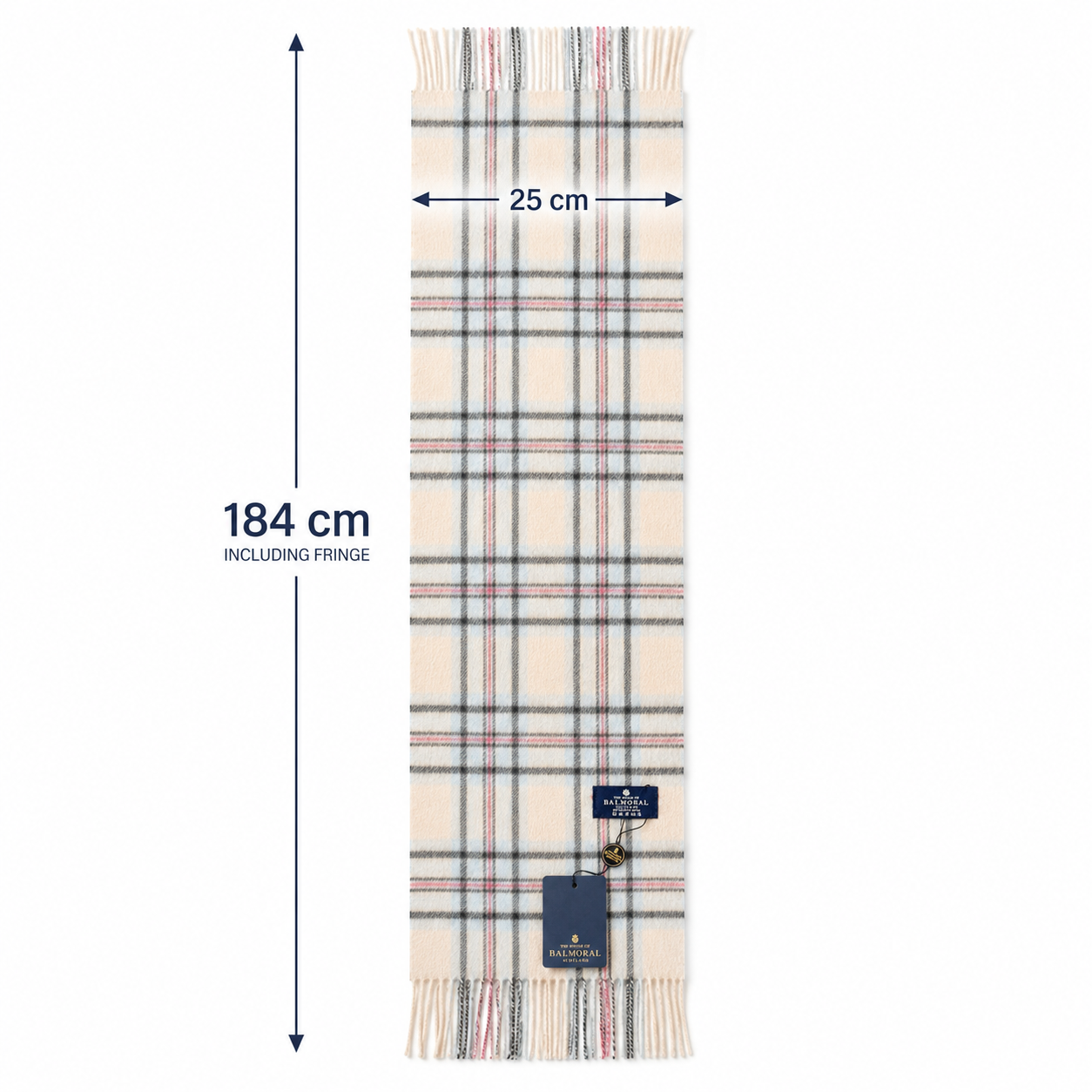 Cream checked lambswool scarf measuring approximately 184cm long and 25cm wide, including the fringe