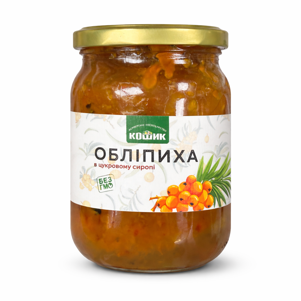 Jar of Кошик Organic Sea Buckthorn Jam showing vibrant orange colour and traditional Ukrainian label