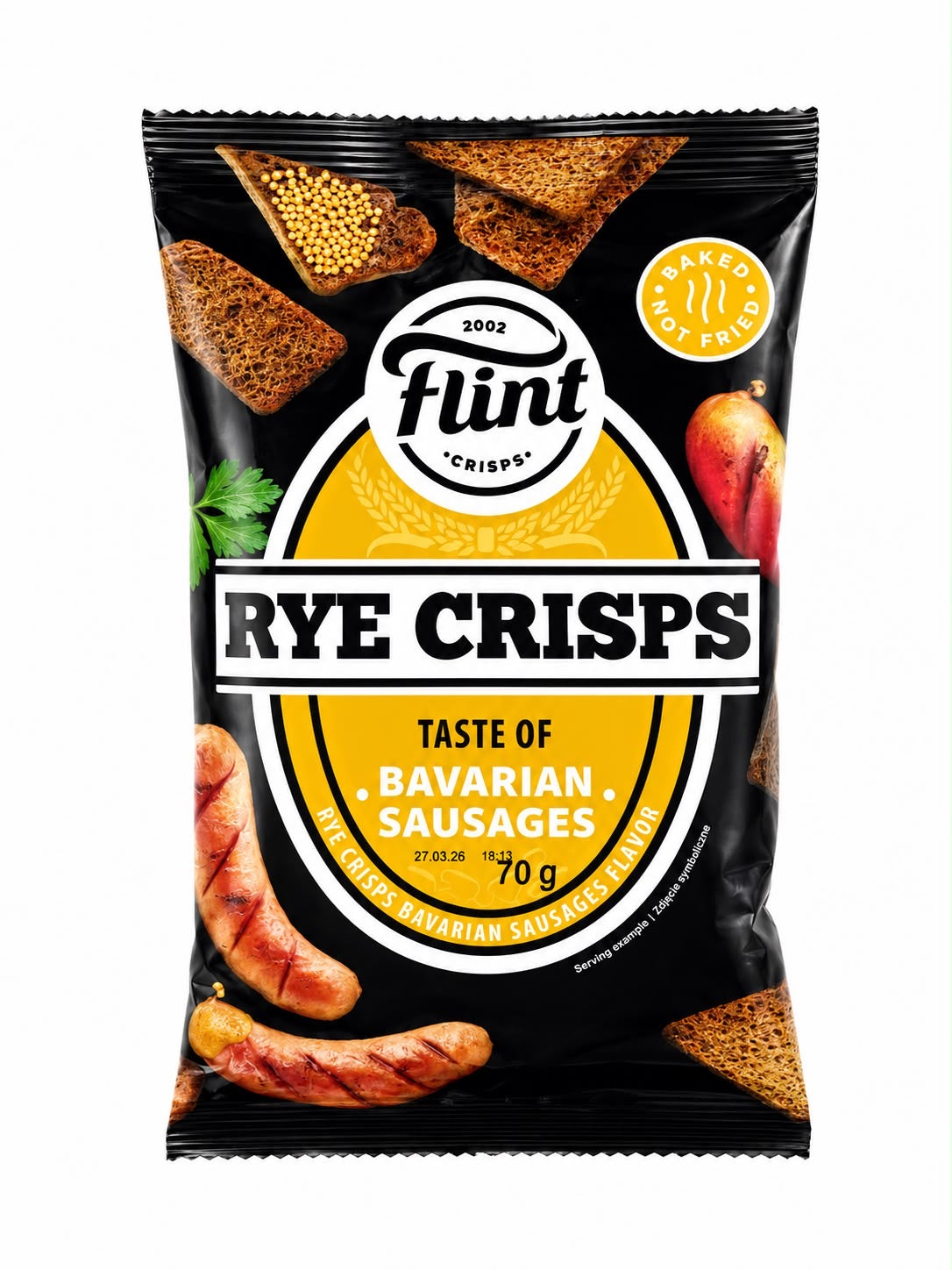 Packet of Flint Rye Crisps with Bavarian Sausages flavour showing golden rye crisps on a wooden board