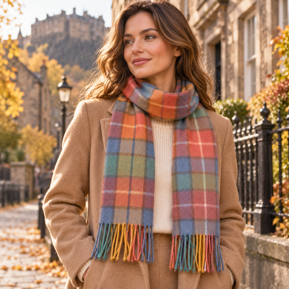     Woman wearing The House of Balmoral Antique Buchanan tartan lambswool scarf with a camel coat