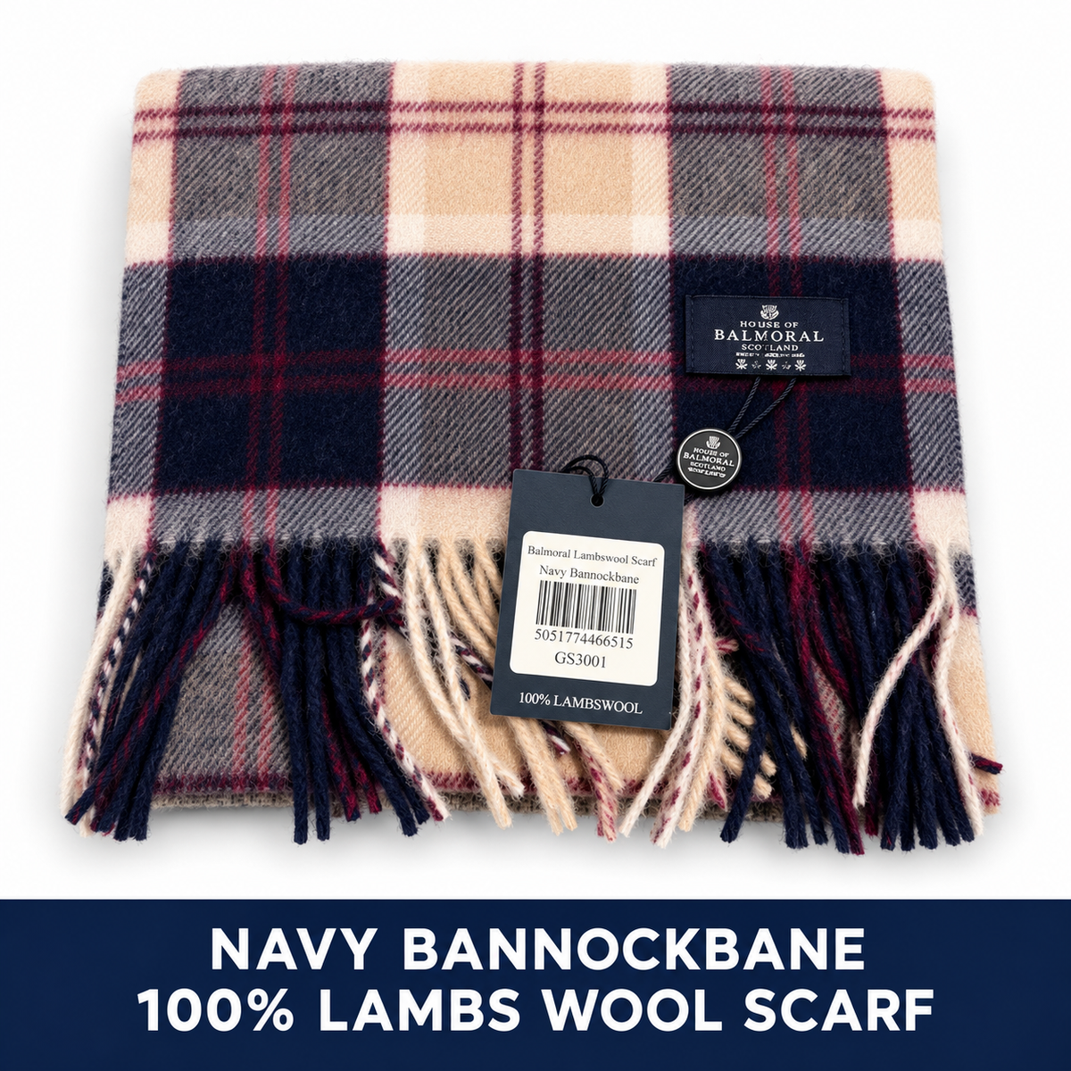     Folded Balmoral Navy Bannockbane lambswool scarf in navy, grey, beige and burgundy tartan with tags