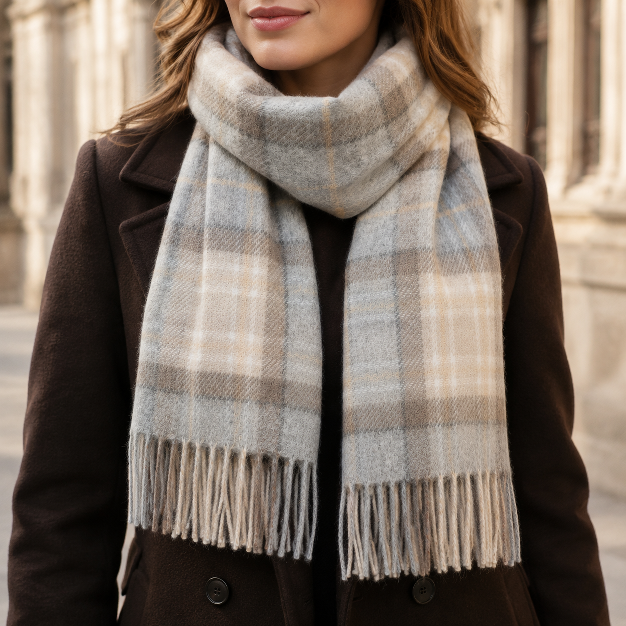 Woman wearing a grey, beige and cream House of Balmoral tartan scarf with fringe