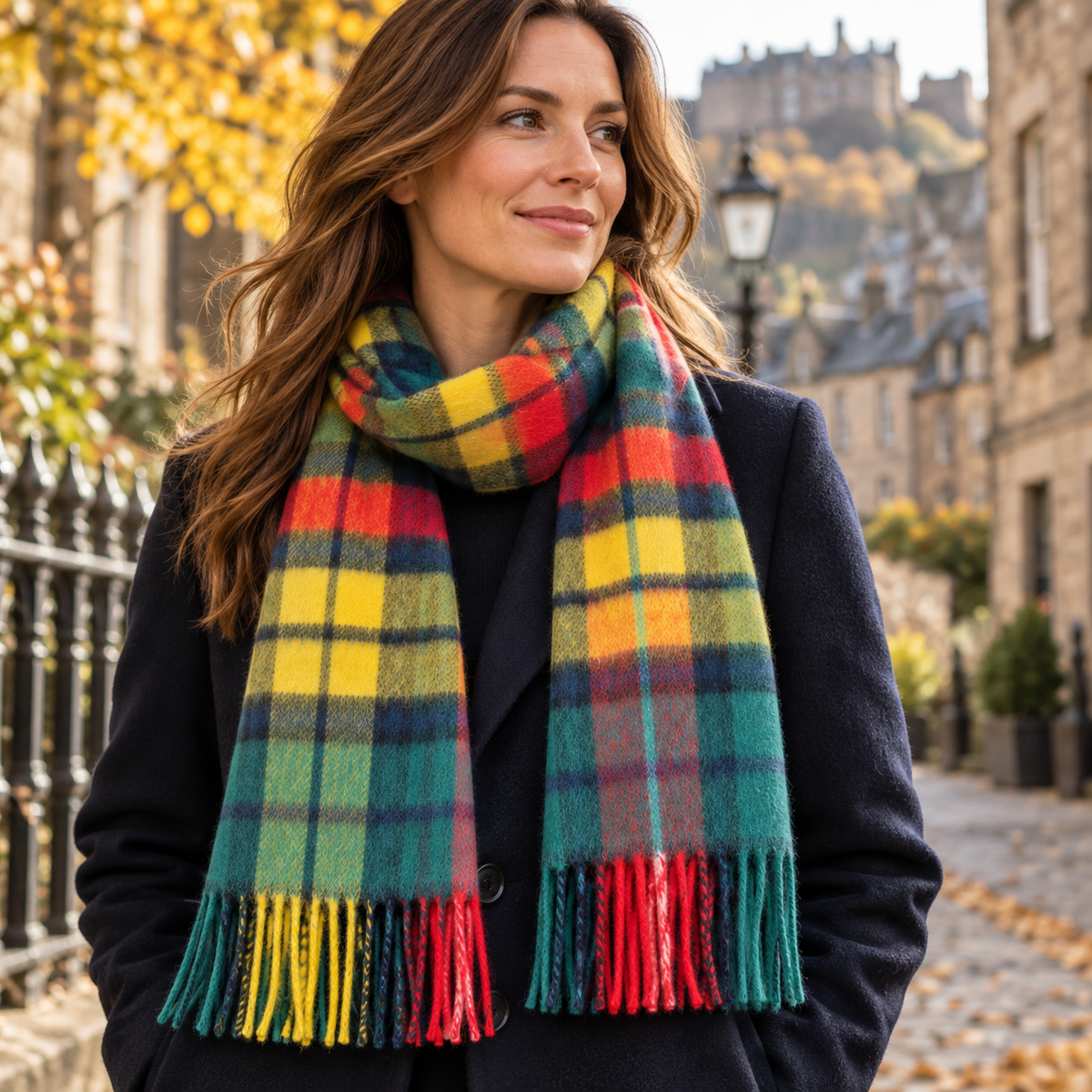 Woman wearing a Fraser Scott Scottish National green and navy tartan lambswool scarf outdoors in Edinburgh