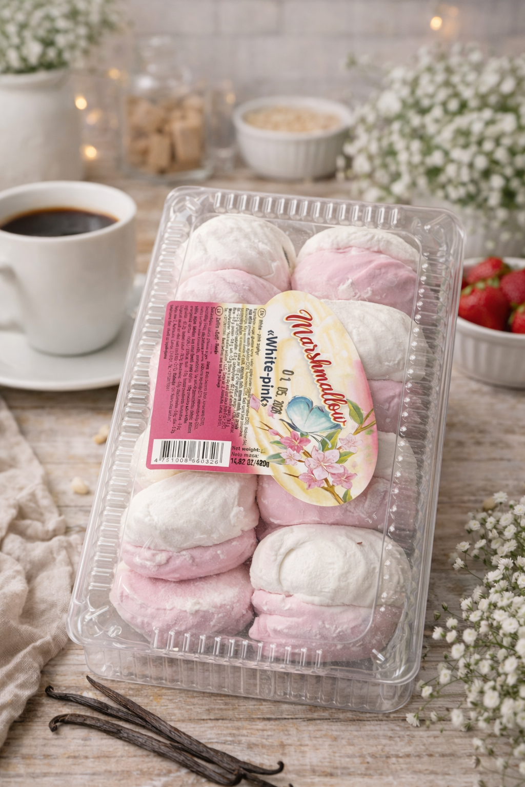 White and pink zephyr marshmallow sweets 420g – Eastern European vanilla foam confectionery box angled side view