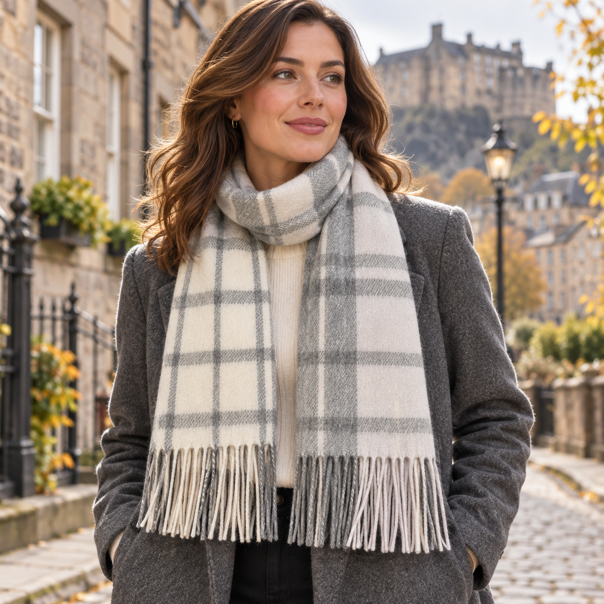     Woman wearing The House of Balmoral Lilac Check lambswool scarf with a grey winter coat