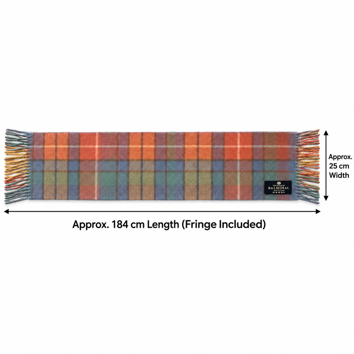     Antique Buchanan lambswool scarf dimensions showing approximately 184 cm long and 25 cm wide