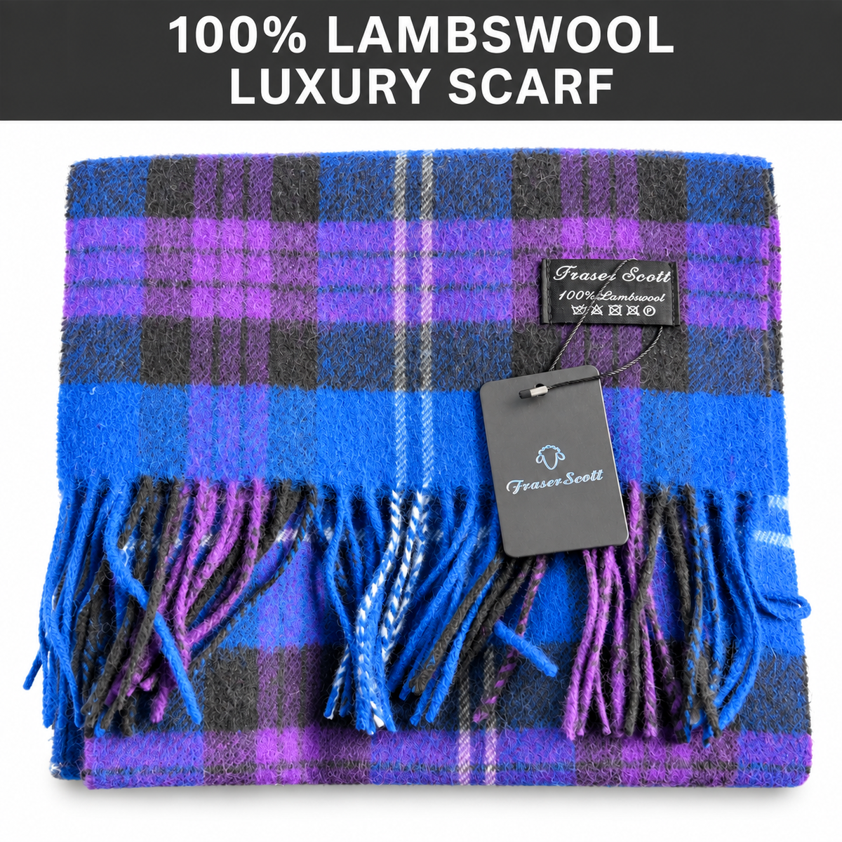 Fraser Scott blue and purple tartan 100% lambswool luxury scarf with fringed ends and product tags