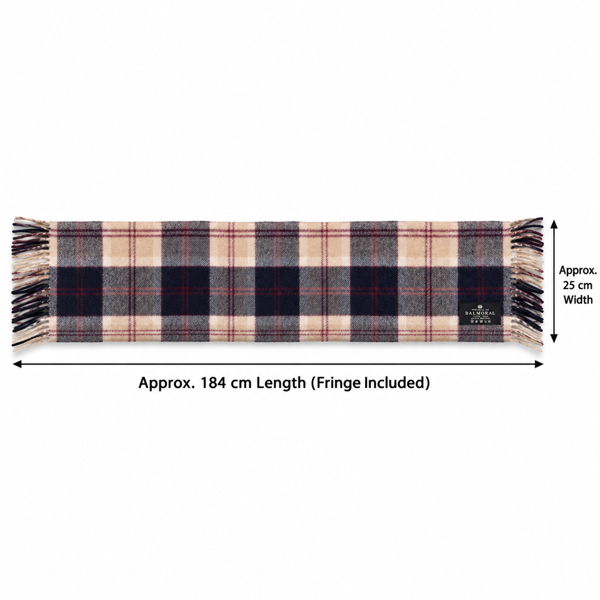     Navy Bannockbane lambswool scarf dimensions showing approximately 184 cm long and 25 cm wide