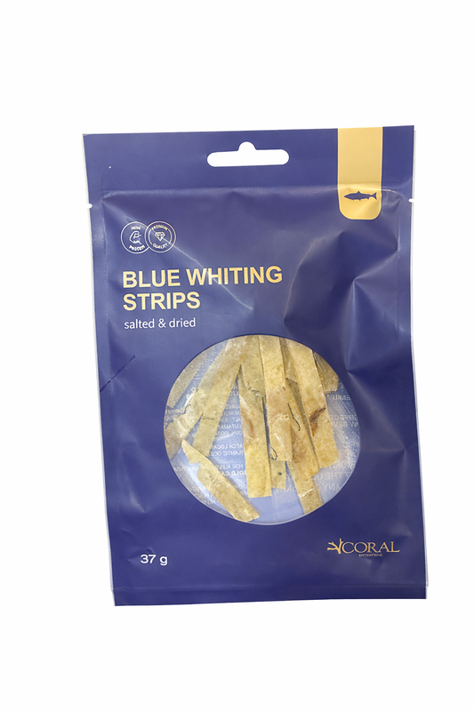 Coral Blue Whiting Strips 37g salted and dried fish snack pack front view white background