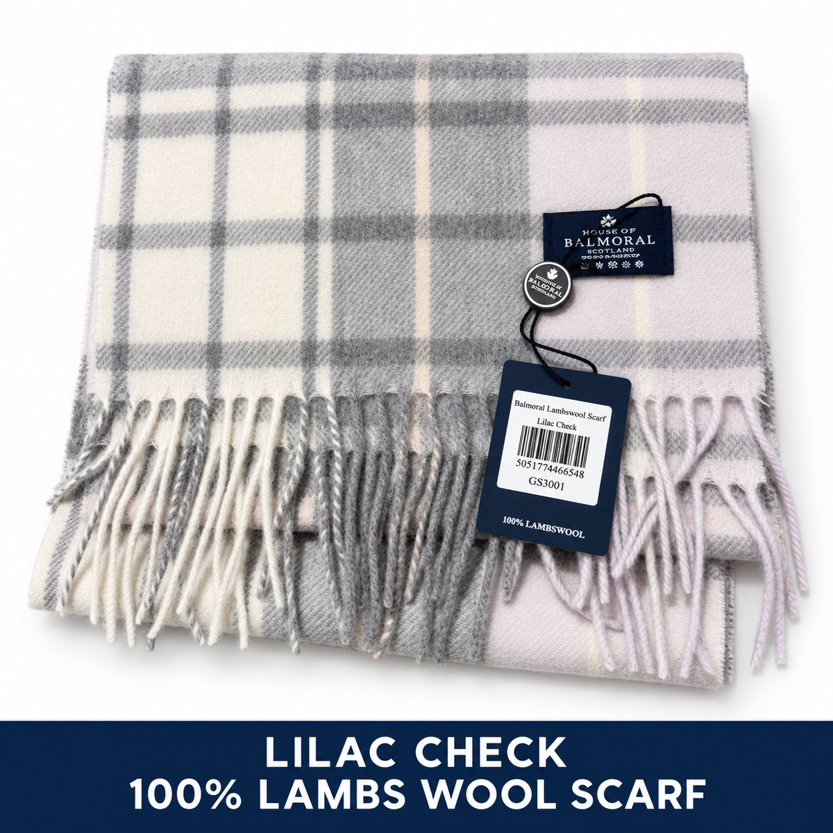     The House of Balmoral Lilac Check 100% lambswool scarf with product banner and tags