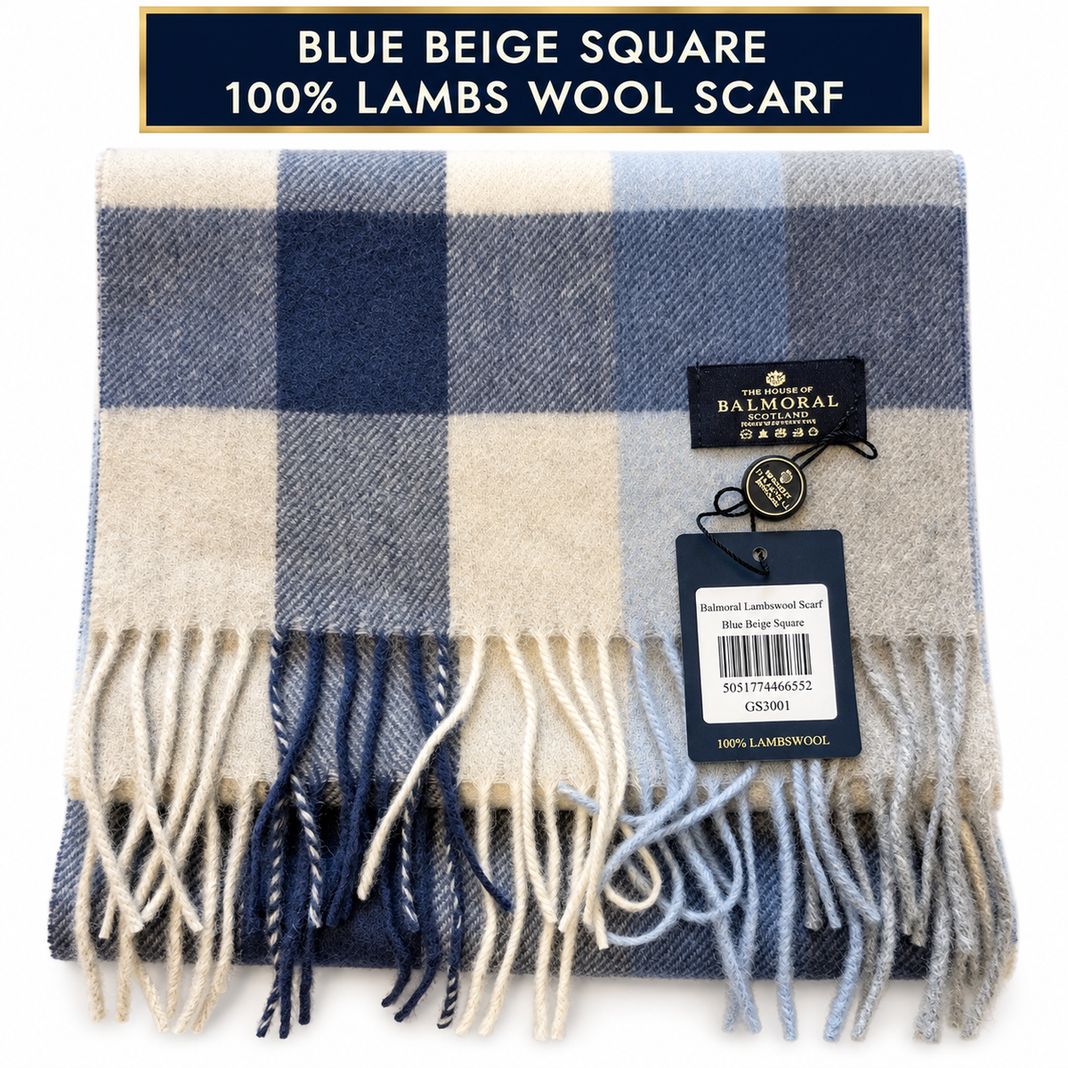    The House of Balmoral Blue Beige Square 100% lambswool scarf with product banner and tags