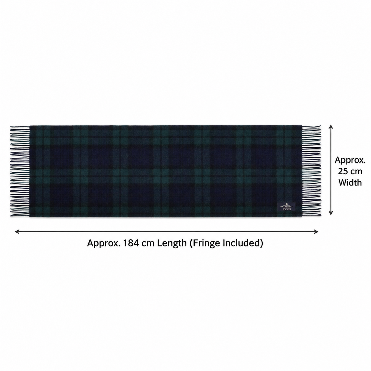 Black Watch tartan lambswool scarf measuring approximately 184cm long and 25cm wide, including the fringe