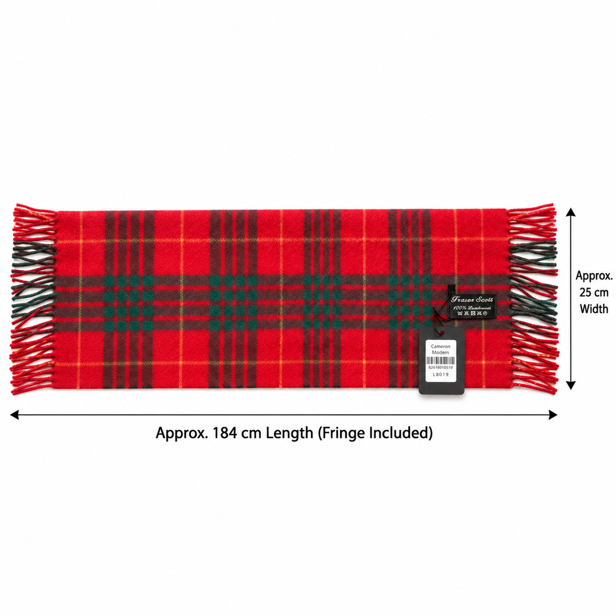 Cameron Modern tartan lambswool scarf dimensions showing approximately 184 cm length and 25 cm width