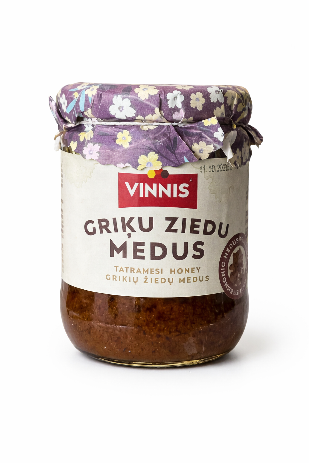 Vinnis Buckwheat Honey 300g jar front view – Griku Ziedu Medus dark Latvian honey on white background