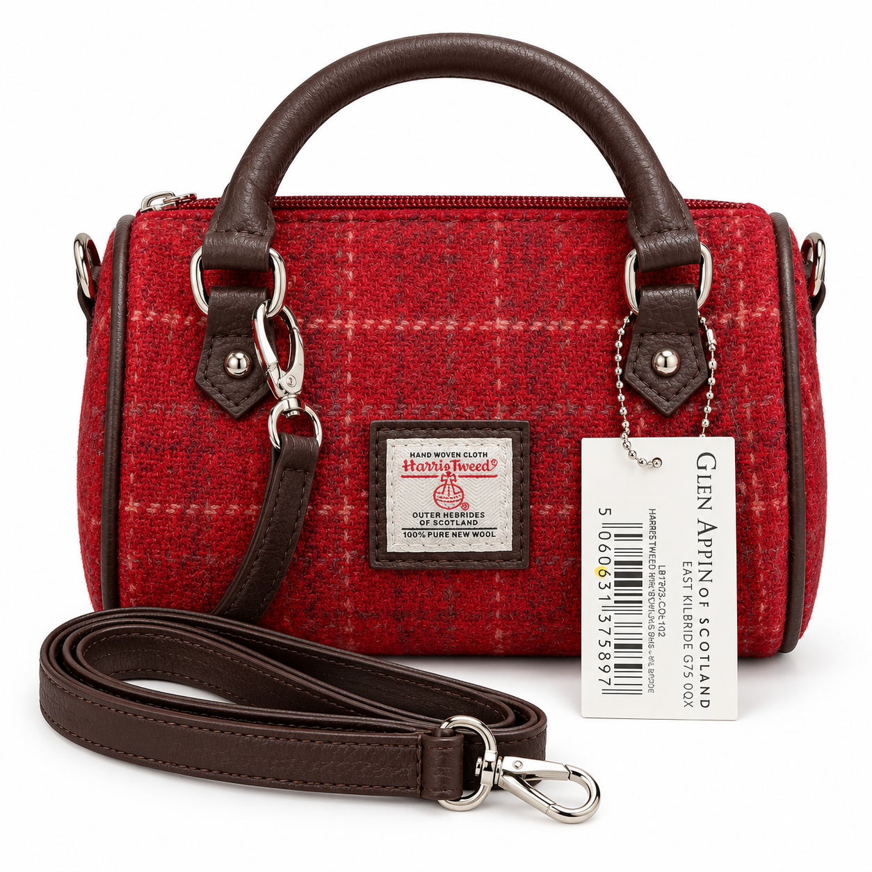 Red Glen Appin Harris Tweed bowling handbag with twin brown handles and brand tag on a white background