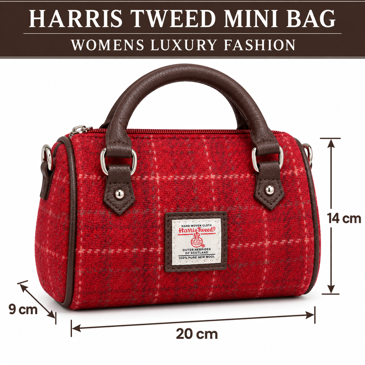 Red Harris Tweed mini handbag showing 20 cm width, 14 cm height and 9 cm depth