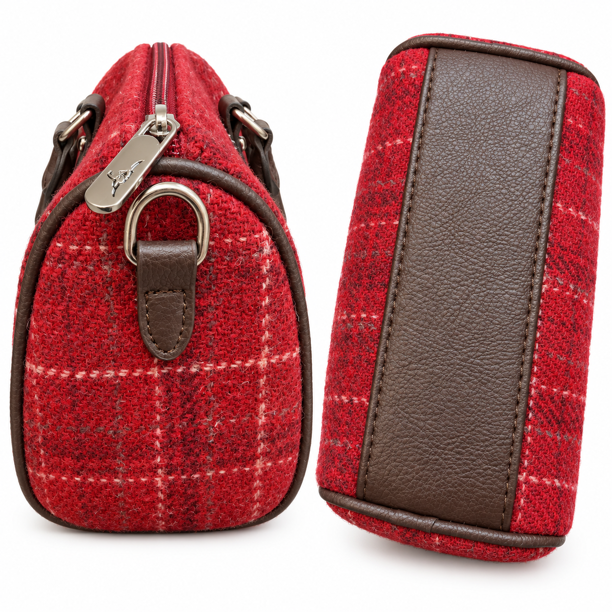 Close-up side profile and reinforced brown base details of the red Harris Tweed mini handbag
