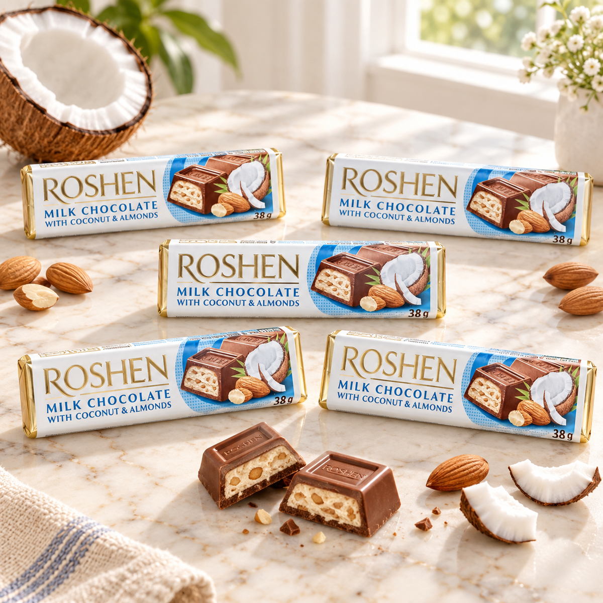    Lifestyle image: Roshen coconut and almond milk chocolate bars with coconut and almonds